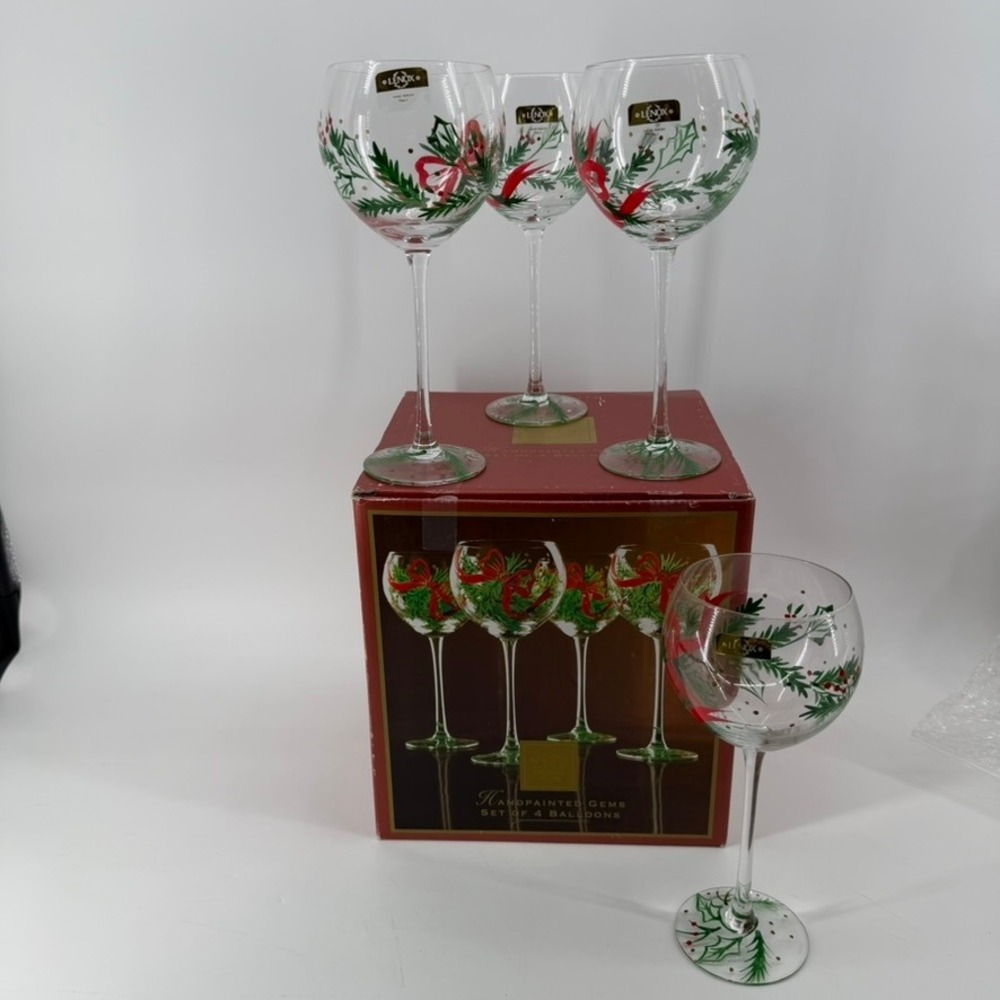 Lenox Handpainted Gems Christmas Balloon‎ Wine Glass Set of 4 Crystal Holly Bows